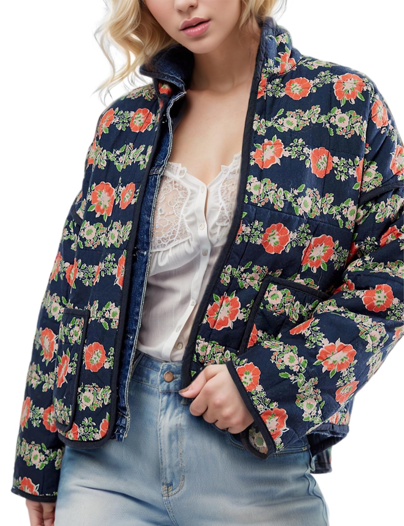 Yimoon Women's Cropped Puffer Quilted Jacket Vintage Floral Print Open Front Lightweight Short Jacket Outwear