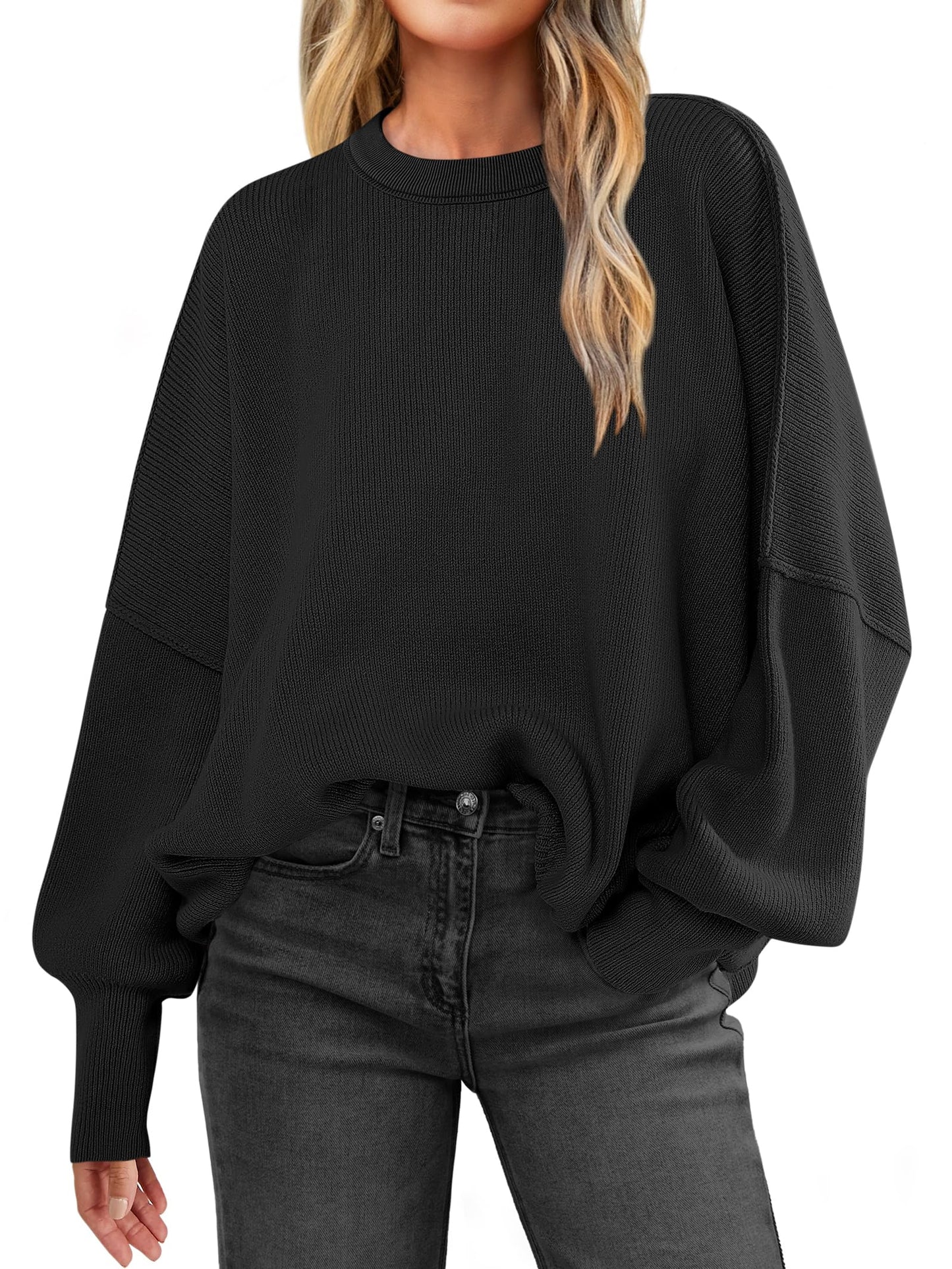 ANRABESS Women Crewneck Batwing Long Sleeve 2024 Fall Oversized Side Slit Ribbed Knit Pullover Sweaters Top Cozy Outfits