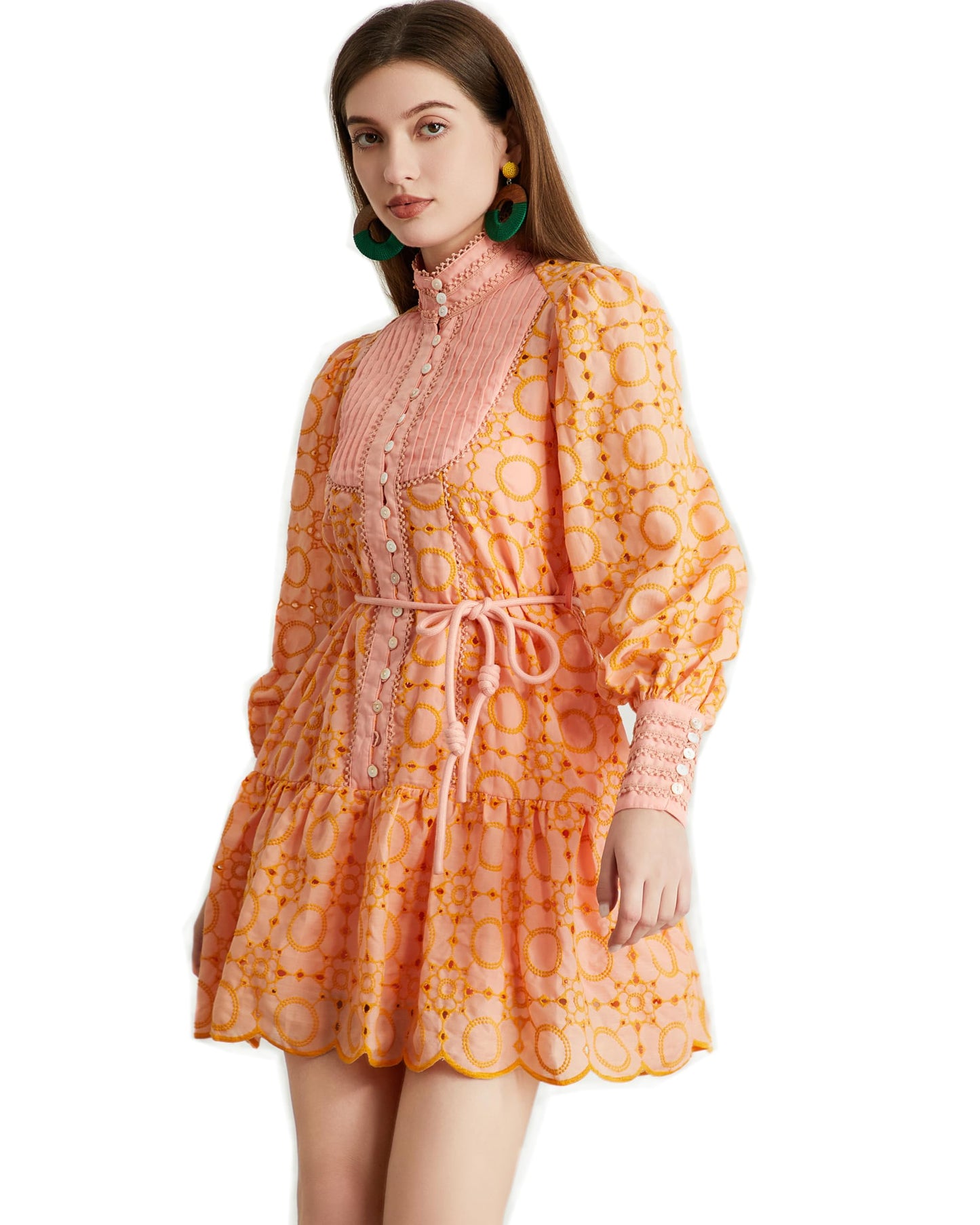 Roiii Women A-Line Lace Loose Baroque Button Down Long Sleeve Casual Dresses V Neck Embroidery Party Short Dress