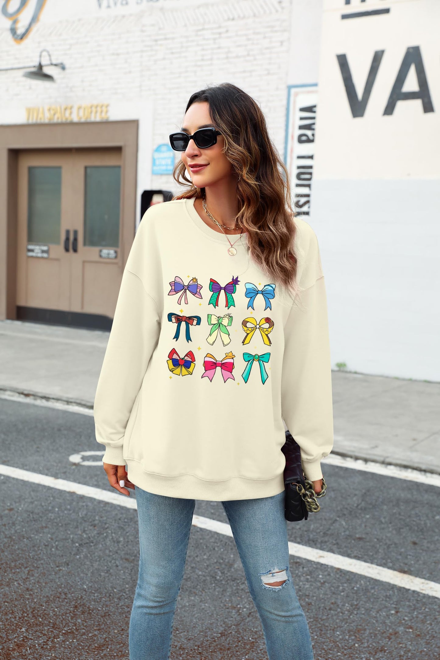 UNIQUEONE Bow Sweatshirt Womens Magic Kingdom Tee Shirt Colorful Pastel Bows Graphic Sweatshirts Oversized Holiday Pullover