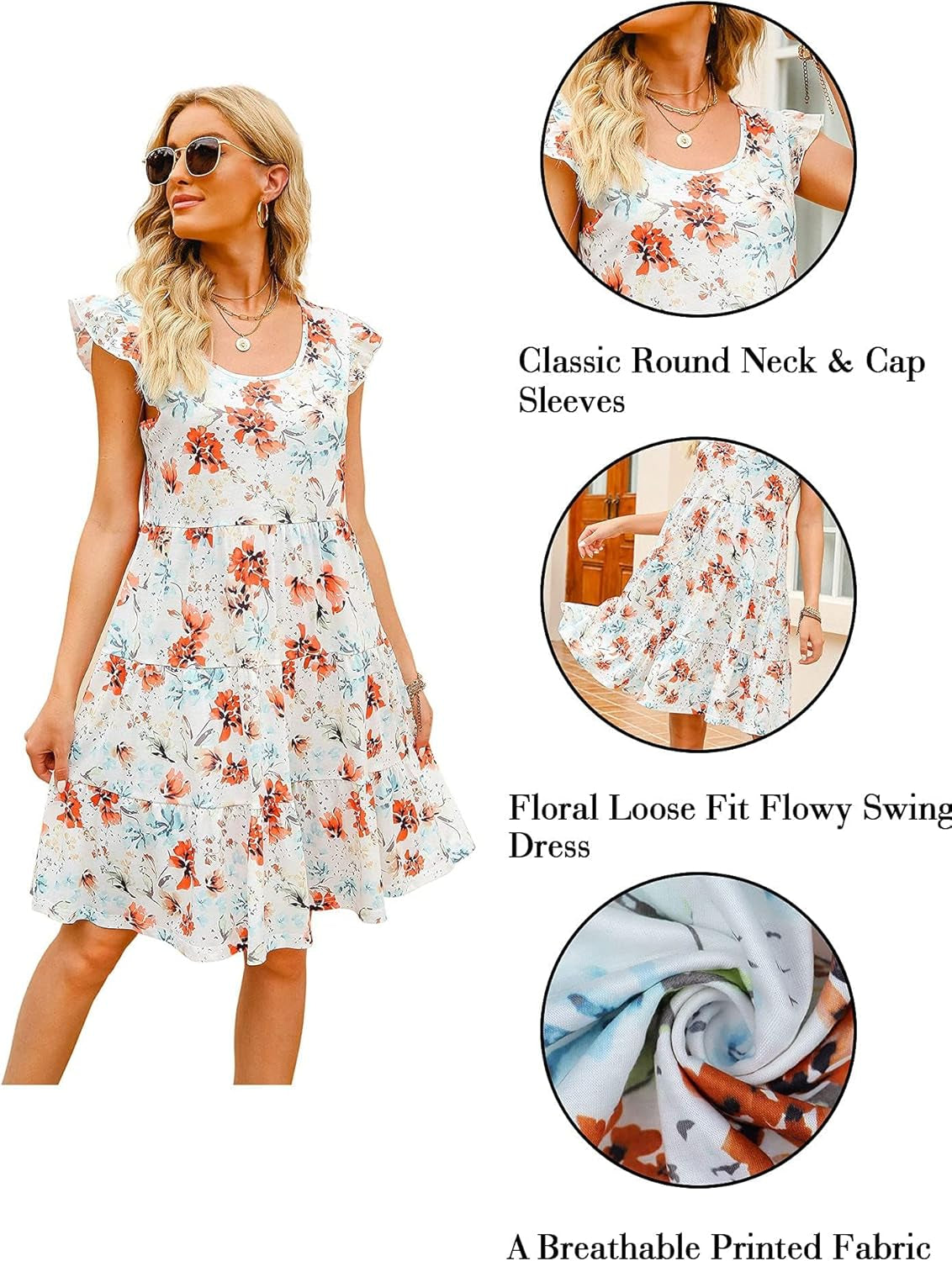 Women'S Summer Dresses Casual Babydoll Dress Swing Floral Midi Dress with Pockets