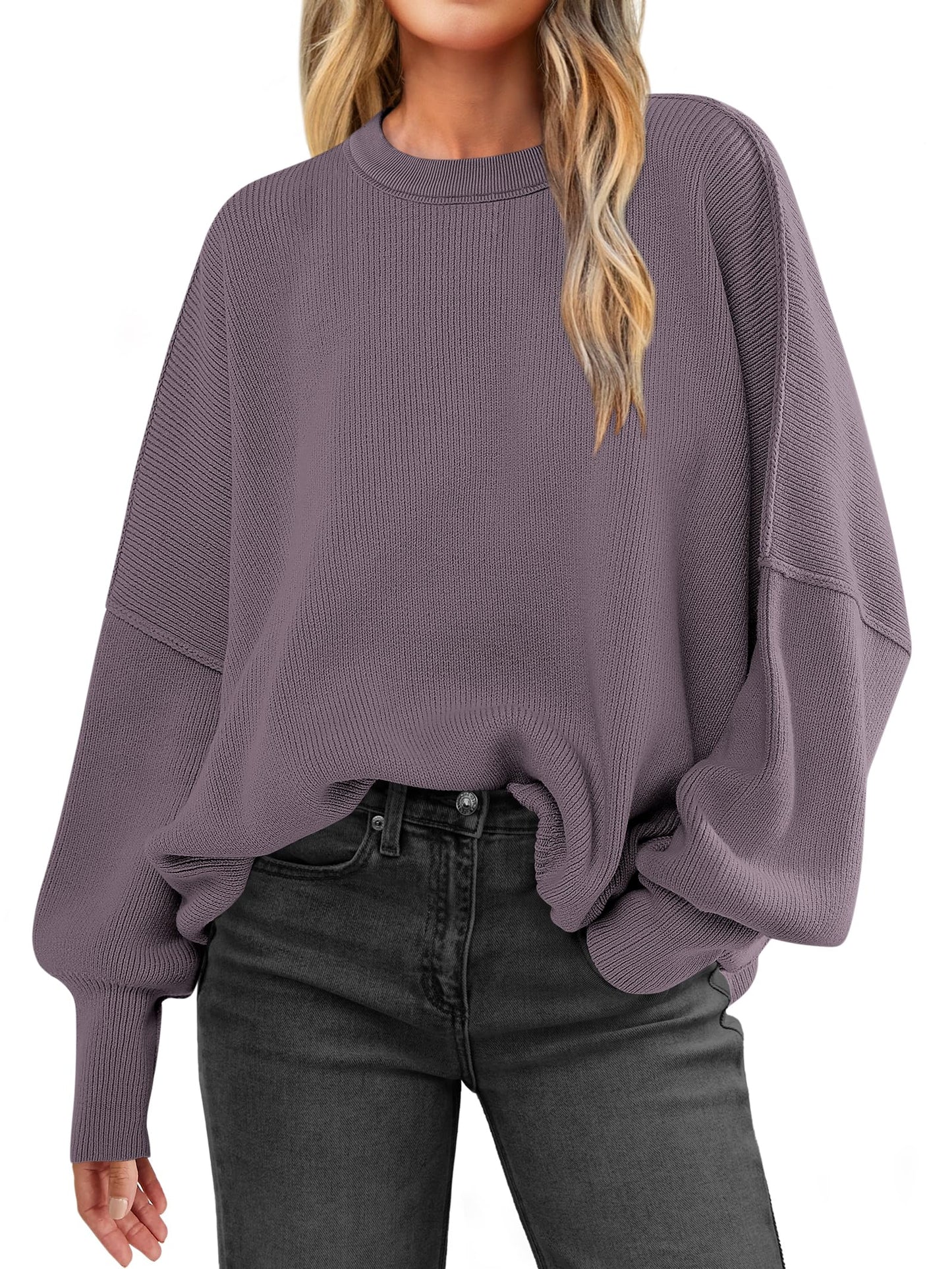 ANRABESS Women Crewneck Batwing Long Sleeve 2024 Fall Oversized Side Slit Ribbed Knit Pullover Sweaters Top Cozy Outfits