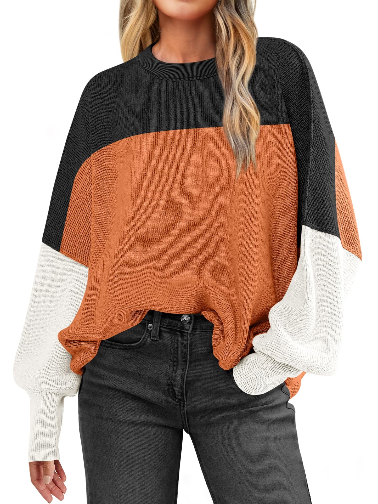 ANRABESS Women Crewneck Batwing Long Sleeve 2024 Fall Oversized Side Slit Ribbed Knit Pullover Sweaters Top Cozy Outfits