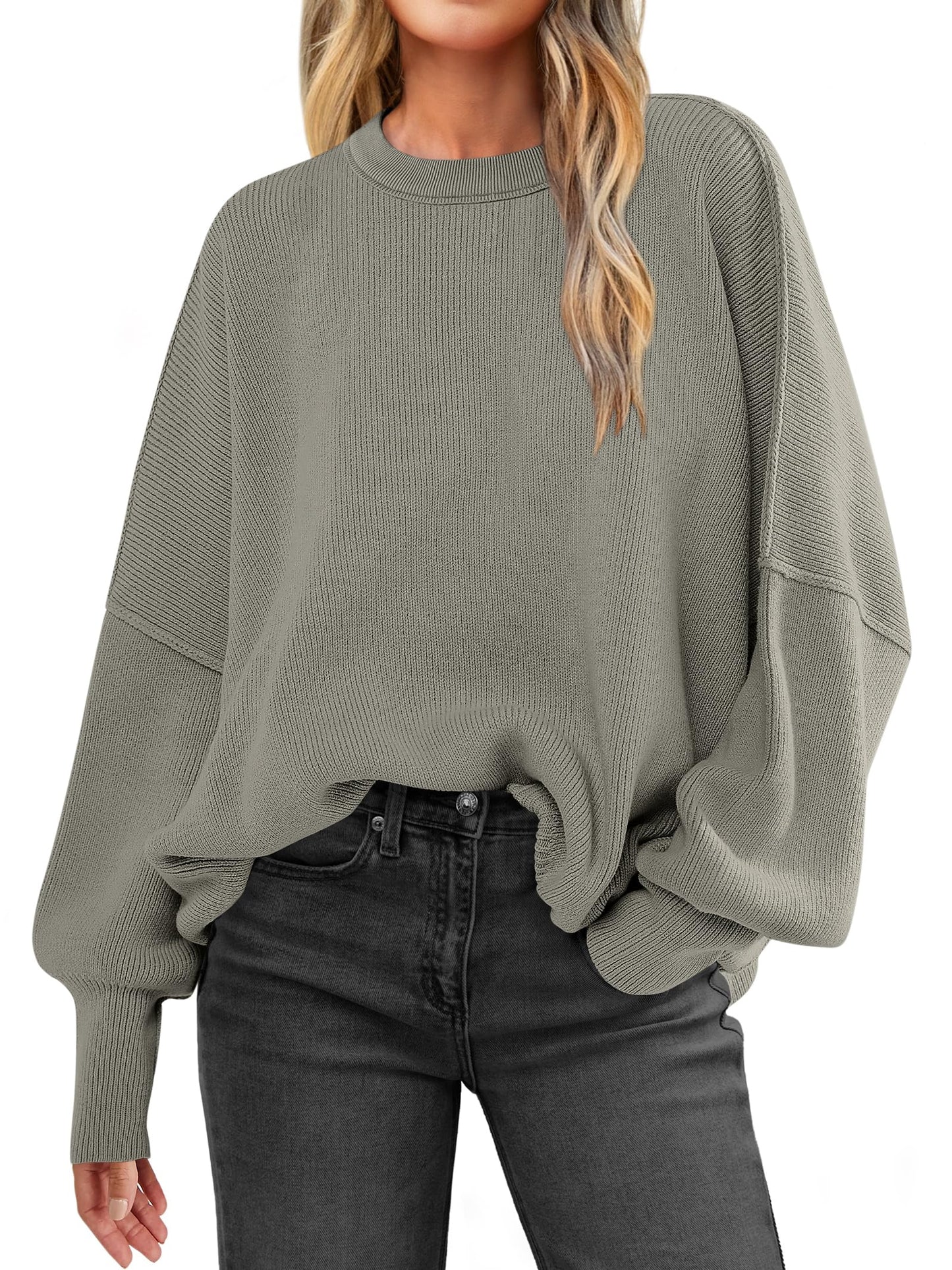 ANRABESS Women Crewneck Batwing Long Sleeve 2024 Fall Oversized Side Slit Ribbed Knit Pullover Sweaters Top Cozy Outfits