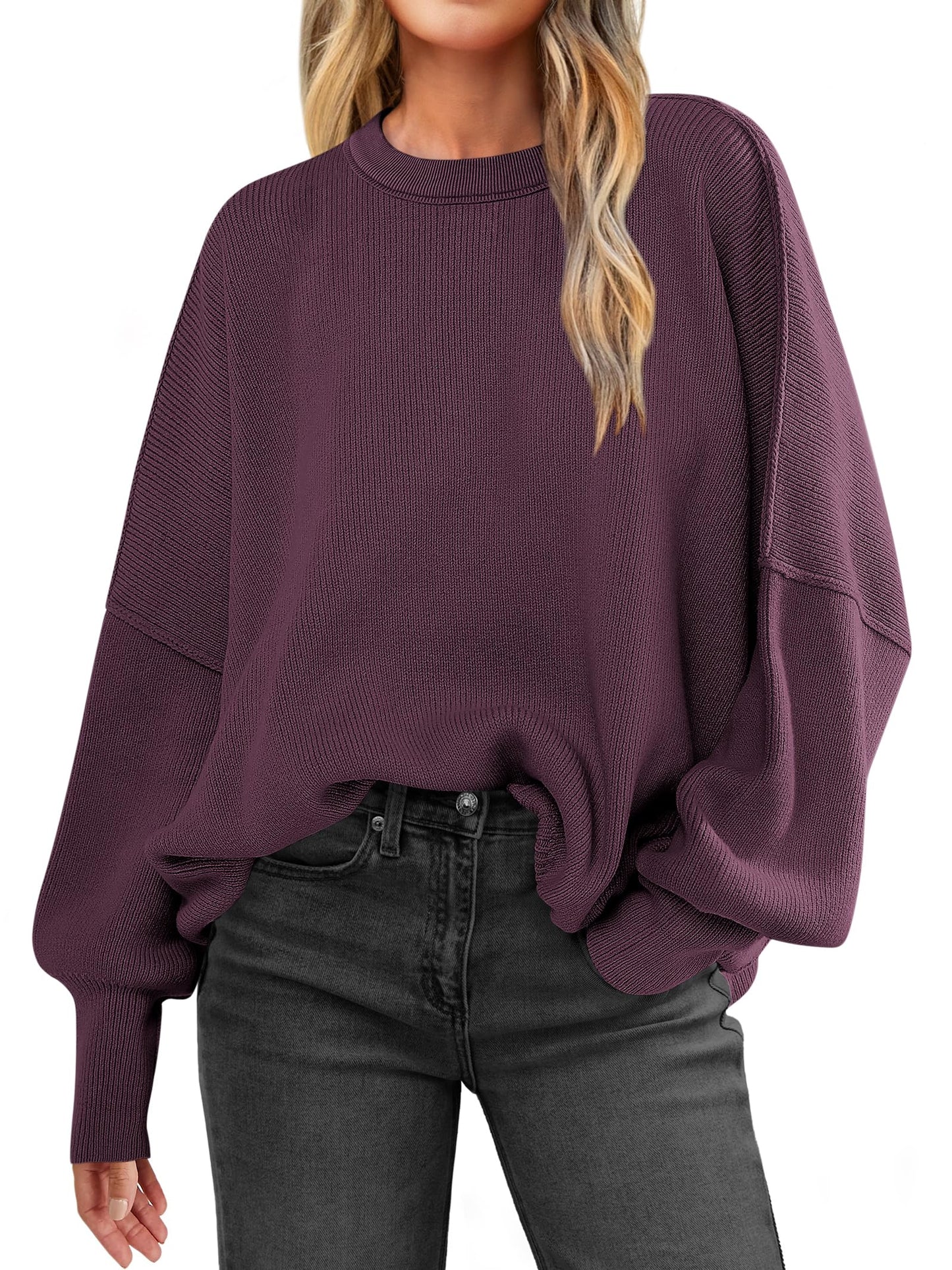 ANRABESS Women Crewneck Batwing Long Sleeve 2024 Fall Oversized Side Slit Ribbed Knit Pullover Sweaters Top Cozy Outfits