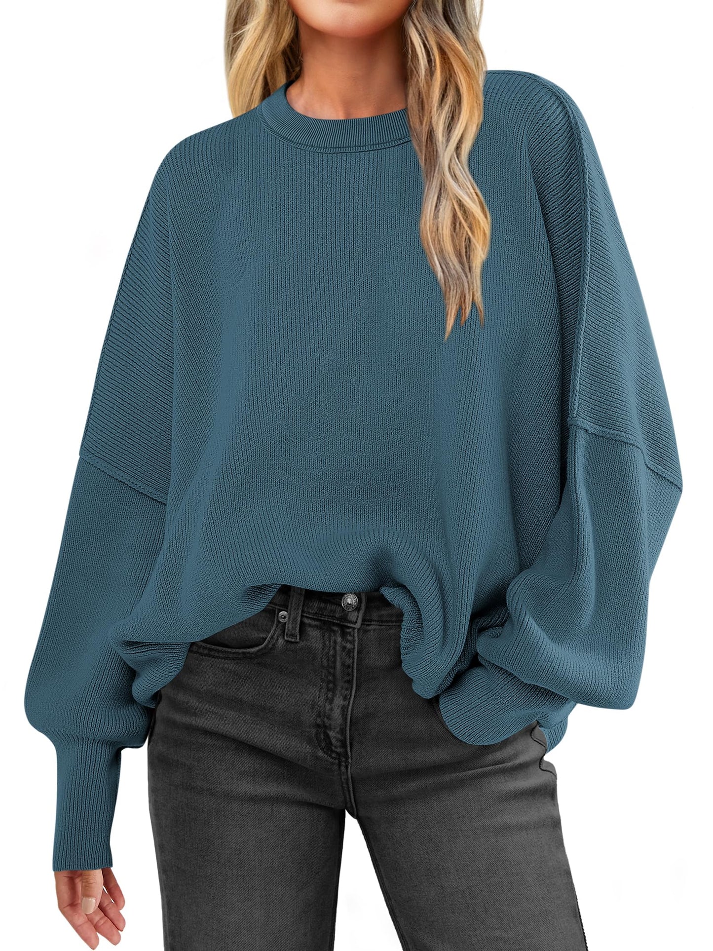 ANRABESS Women Crewneck Batwing Long Sleeve 2024 Fall Oversized Side Slit Ribbed Knit Pullover Sweaters Top Cozy Outfits