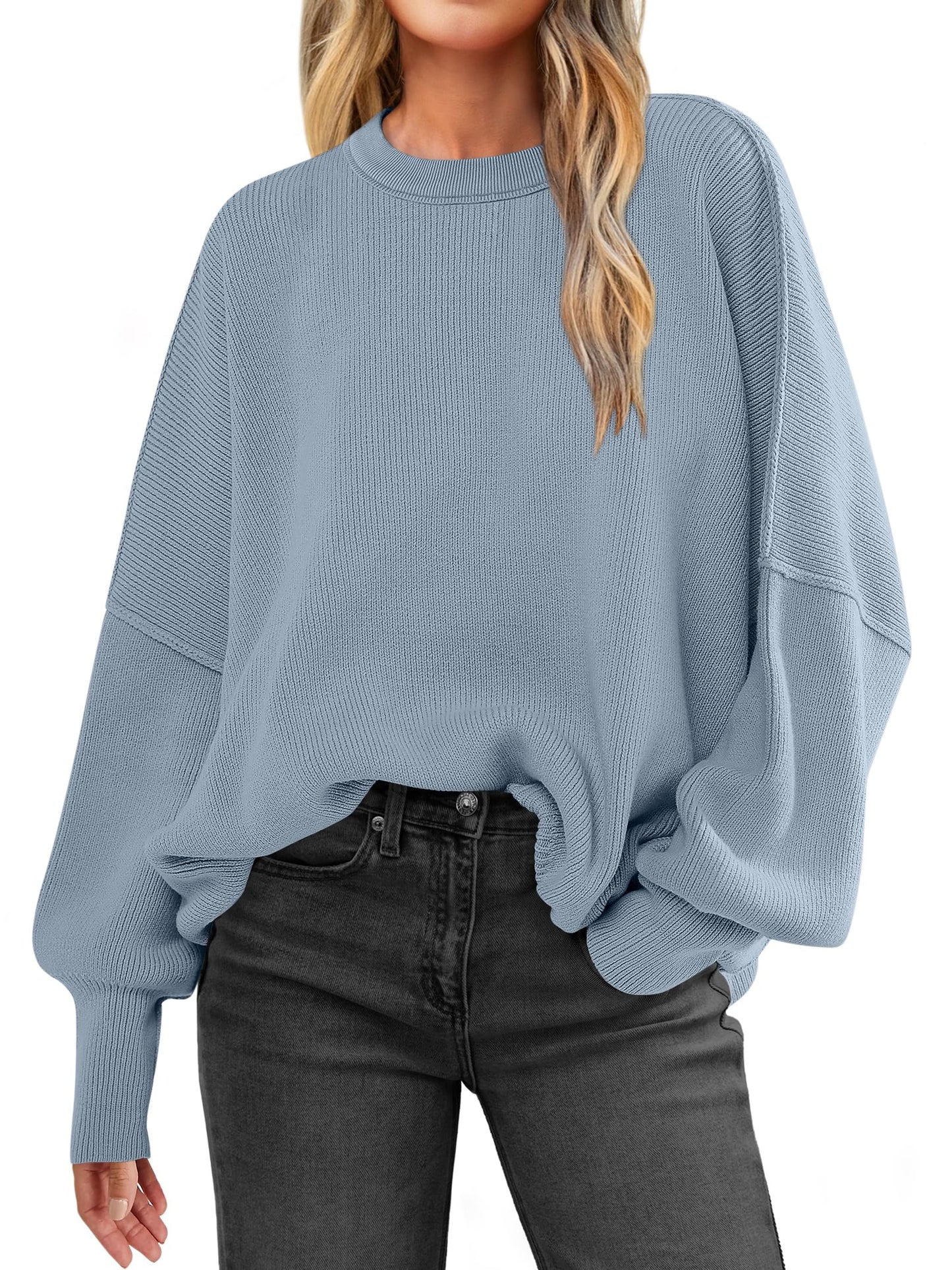 ANRABESS Women Crewneck Batwing Long Sleeve 2024 Fall Oversized Side Slit Ribbed Knit Pullover Sweaters Top Cozy Outfits