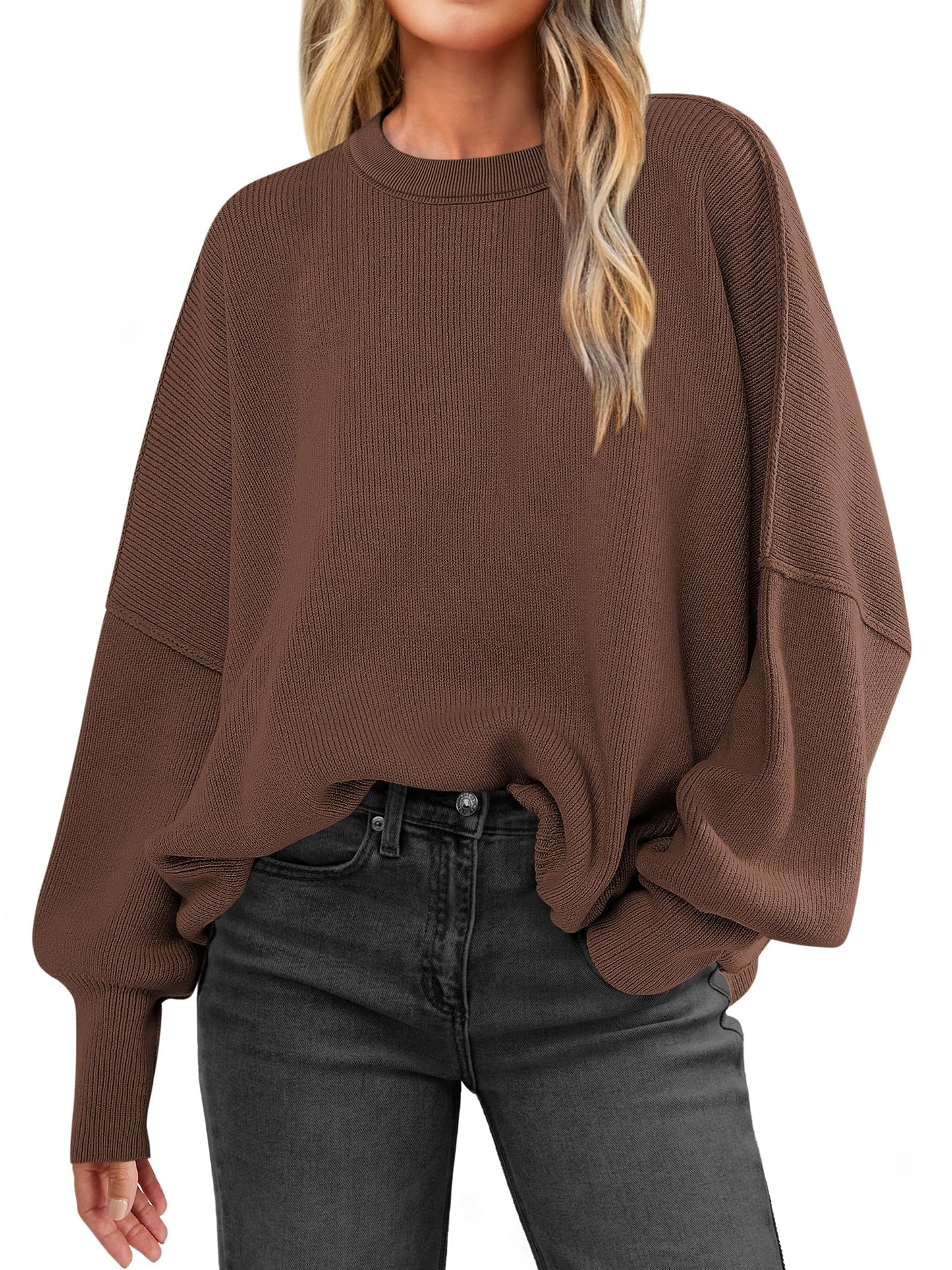 ANRABESS Women Crewneck Batwing Long Sleeve 2024 Fall Oversized Side Slit Ribbed Knit Pullover Sweaters Top Cozy Outfits